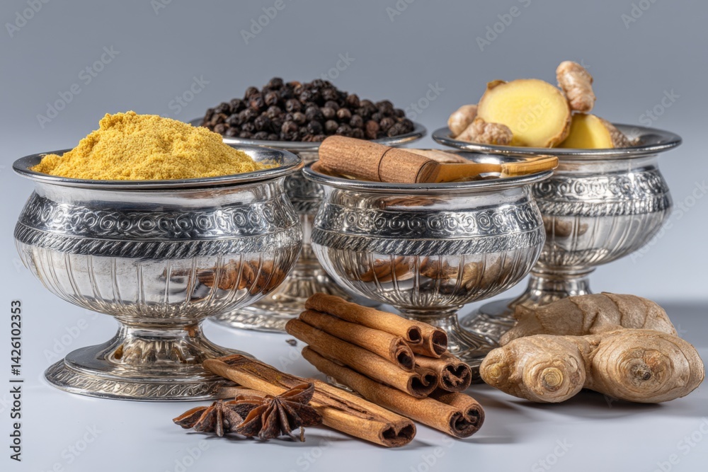 Poster spices displayed in elegant silver bowls showcasing vibrant colors and textures in a bright setting