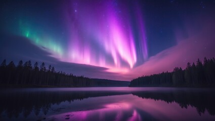 Stars and Aurora Borealis illuminate the forest lake at night.