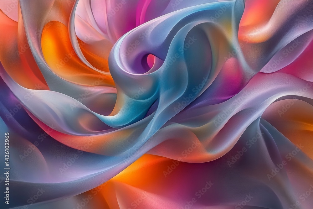 Poster colorful swirling abstract design showcasing soft waves and gradients in vibrant hues of blue, orang