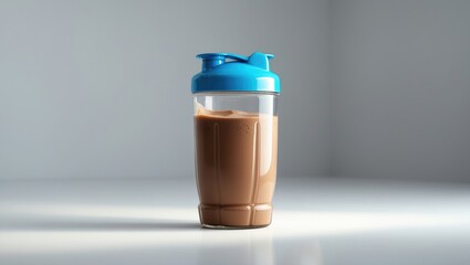 White background with sport bottle containing protein shake