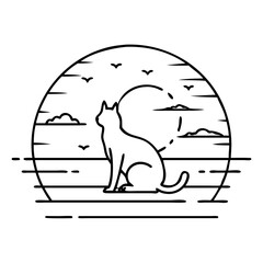 cat silhouette against sunset icon, cat silhouette against sunset line art - simple line art of cat silhouette against sunset, perfect for cat silhouette against sunset logos and icons