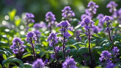 Obraz premium Purple Dark Opal Basil Plant with Blooming Flowers in Garden Bed