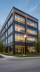Obraz premium Modern office building at dusk, city street, illuminated interior, professional workspace