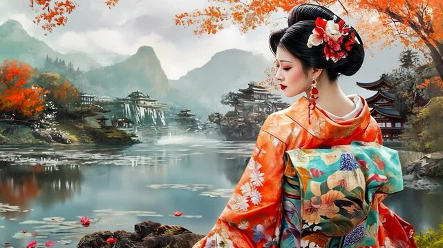 Autumnal Geisha by a serene lake