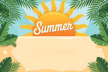 Summer sun shining over tropical beach sand with palm tree leaves