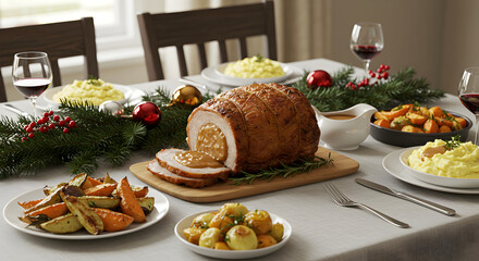 Festive Holiday Feast Presents A Traditionally Prepared Stuffed Meat Centerpiece