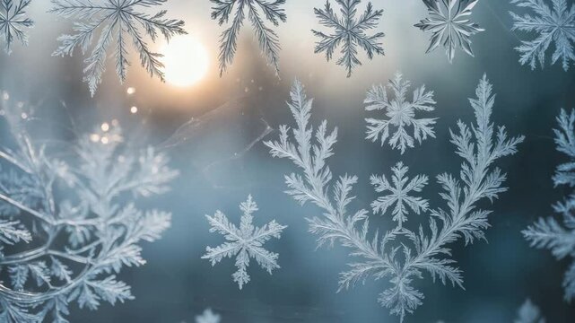 Intricate frost snowflake patterns have formed on a window pane, creating a beautiful design.