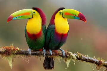 Fototapeta premium Two vibrant toucans perched on a mossy branch in a lush tropical forest during daylight