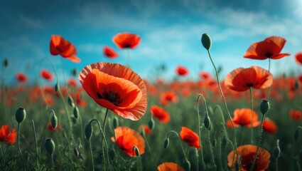 Obraz premium Red poppy field in summer with blooming flowers and vibrant petals under a bright sky
