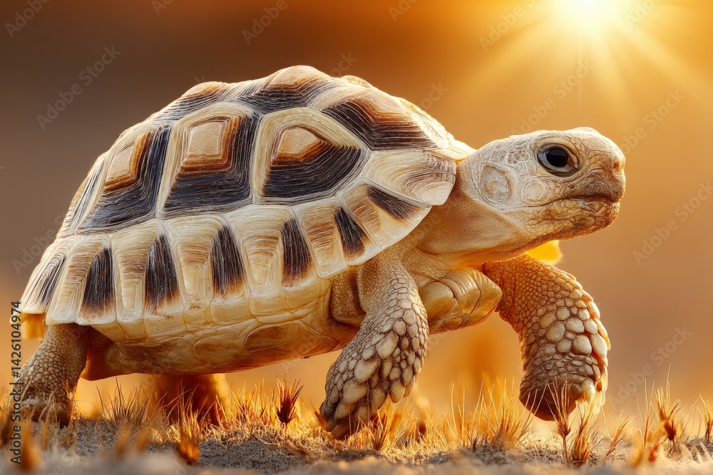 Poster Tortoise moving through golden grass at sunset, showcasing intricate shell patterns and serene environment