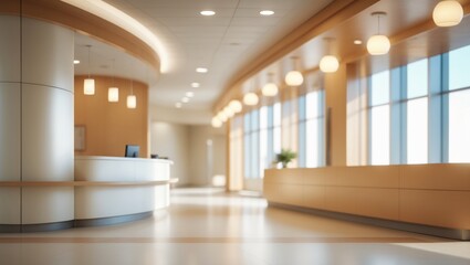 Contemporary Hospital Interior with Bright Corridor, Reception Area, and Natural Light Streaming Through Windows
