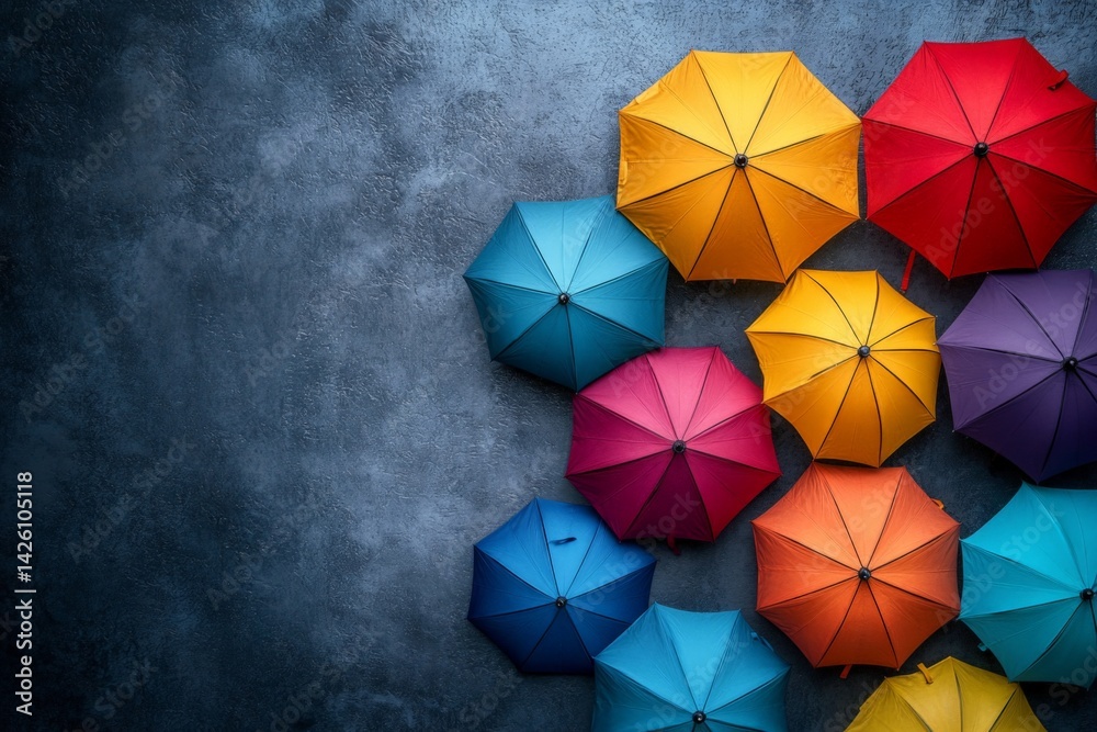 Poster Brightly colored umbrellas create an artistic display against a textured background