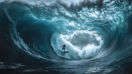 Powerful ocean wave encapsulates surfer in dramatic display.