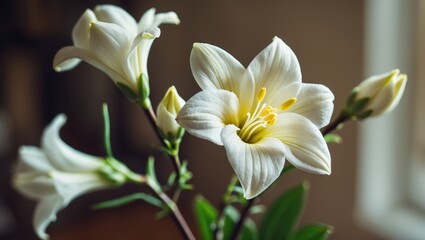 Fototapeta premium Elegant white freesia flower twig arranged in a bouquet with a vase, top view