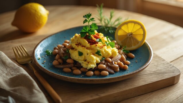 Bagila Bil Dihin: Iraqi Breakfast of Boiled Dried Broad Beans and Scrambled Eggs on Flatbread