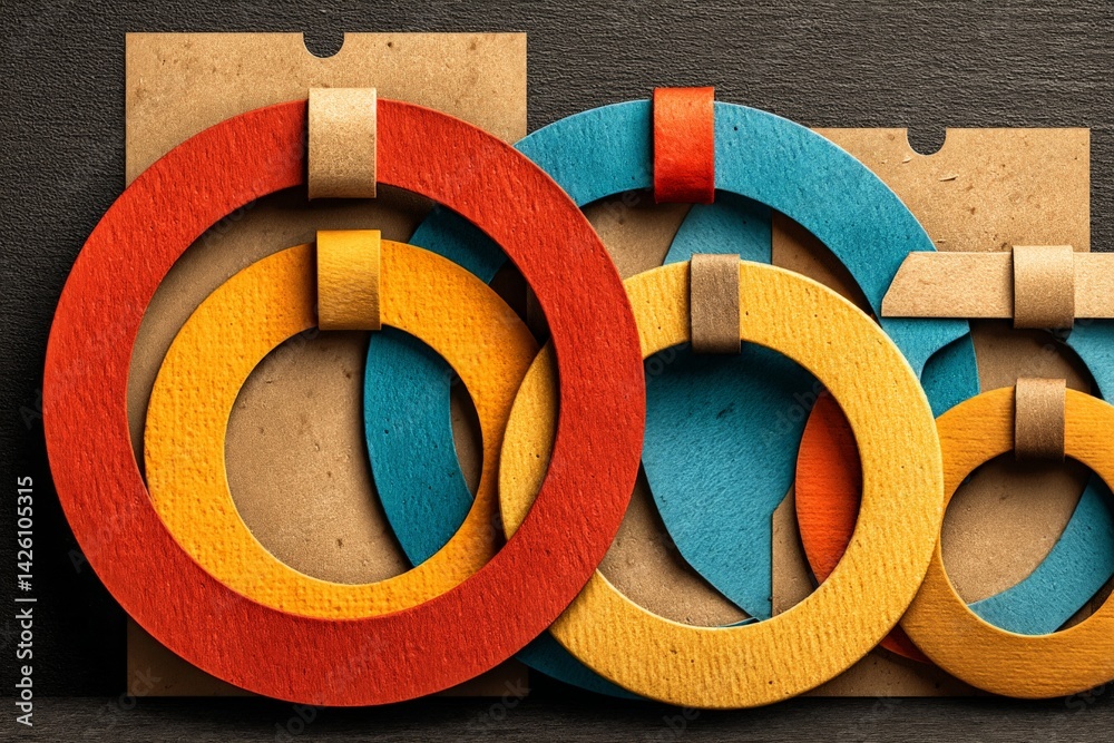Poster colorful circular paper cutouts displayed creatively at a craft fair showcasing unique design and ar