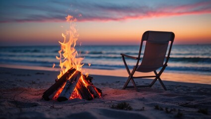 Fototapeta premium Beach background with bonfire and chair during sunset