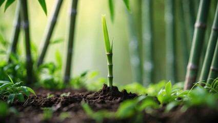 Bamboo sprout breaking through the ground in the undergrowth