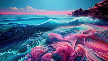 Vibrant Coastal Scene A Captivating Blend of Blue, Pink, and Algae Flow, Depicting a Stunning Seascape with Rich Textures and Atmospheric Mood.
