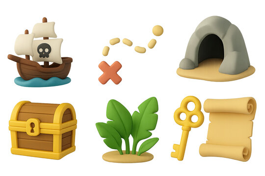 Pirate treasure hunt icon set &ndash; 3d style adventure and exploration symbols featuring ship, treasure map, cave, chest, foliage, key, scroll