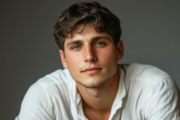 Obraz premium Young man in a light shirt poses with a soft expression against a neutral background
