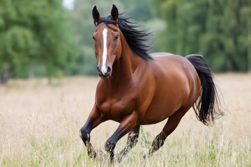 Obraz premium Beautiful brown horse running in a field