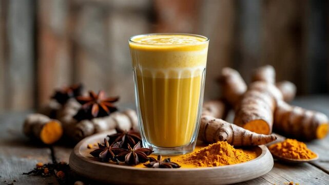 Flavorful turmeric latte in a glass cup, accompanied by roots and spices on the table, close-up