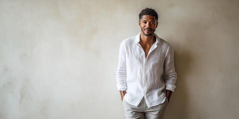 Man in white linen shirt against textured beige wall Free space for text