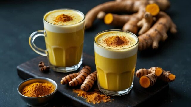 Tasty turmeric latte with powder and rhizomes on the table