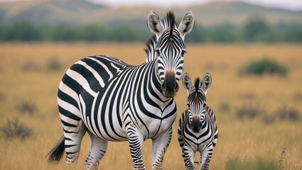 Fototapeta premium Wildlife scene of plains zebra and foal in Serengeti savannah, Tanzania