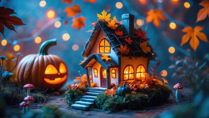 Handmade fall decoration featuring a carved pumpkin with colorful lights