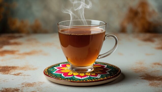 Fresh milk tea served in a glass cup on textured background