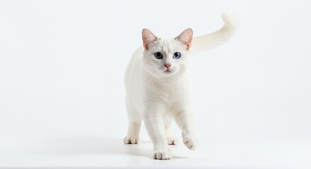 White Fur Blue Eyes Cat Depicted Midstride Isolated Against a White Background In Studio Shot and Full Length
