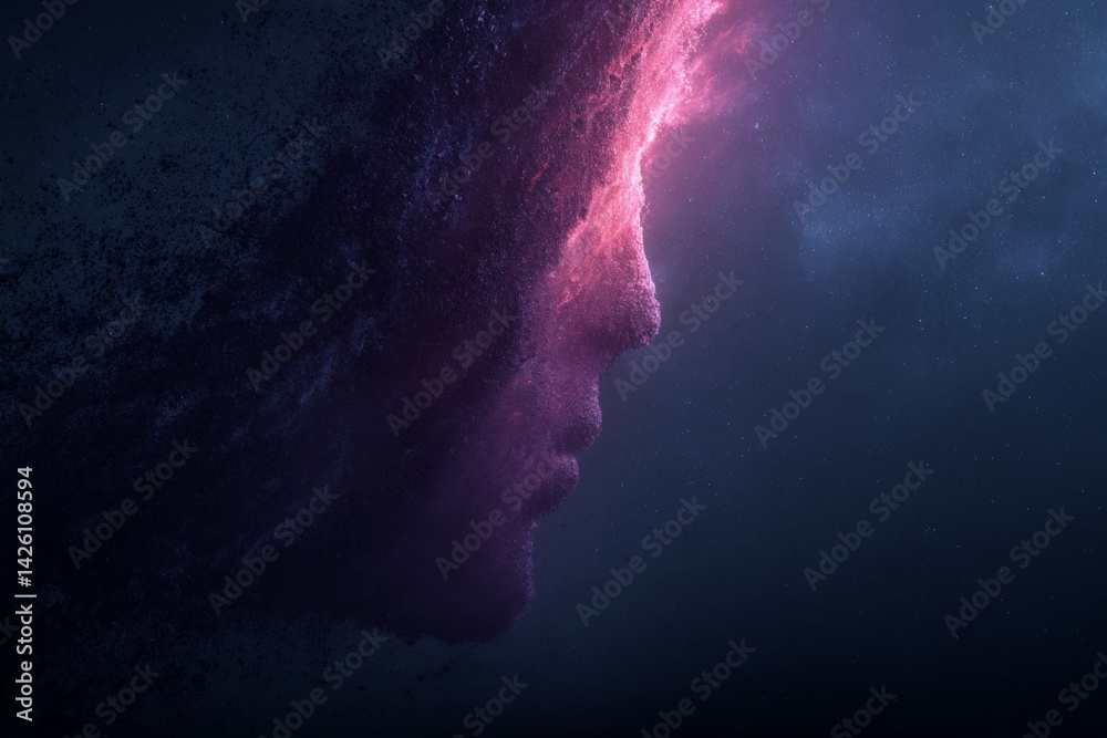 Poster cosmic portrait of a woman's profile merging with the universe showcases vibrant colors and space el