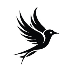 Elegant Black Bird Silhouette with Wings Spread in Flight on White Background