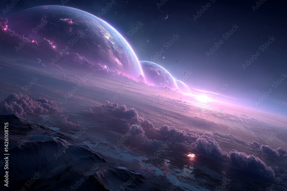 Aufkleber Vibrant cosmic landscape showing multiple planets and nebulae in a distant galaxy at twilight