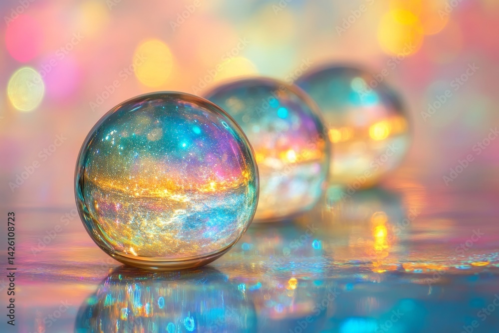 Aufkleber colorful glass spheres reflecting light in a dreamy setting with a soft bokeh background