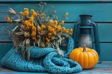 Vibrant autumn decor with a cozy blue blanket, seasonal flowers, and a pumpkin