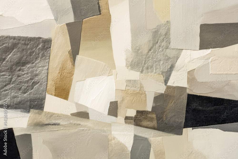 Aufkleber Abstract art featuring textured beige, gray, and black shapes, creating a layered and dynamic composition, showcasing a modern and sophisticated aesthetic suitable for interior design