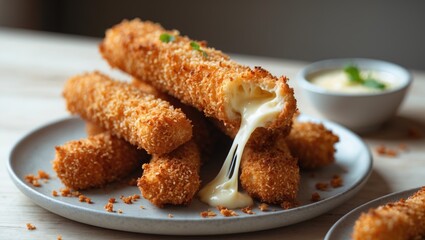 Golden fried mozzarella cheese sticks served with garlic sauce