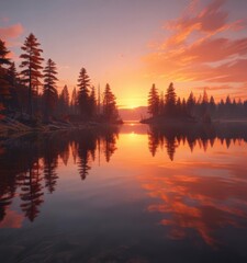 Fototapeta premium Serene sunset paints calm lake, fiery hues reflected in still water , water, lake, landscape