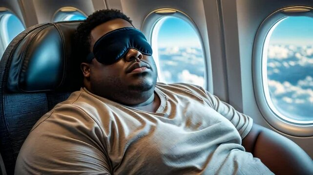 portrait of African American man in slap mask sleeping on airplane