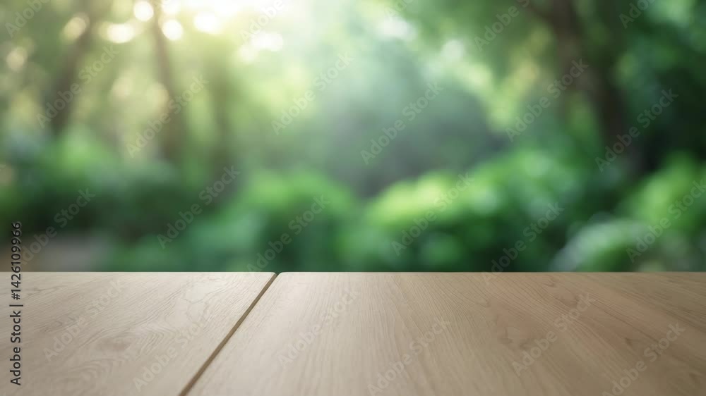 Poster empty wooden tabletop with a blurred abstract background for display or visual design layout.