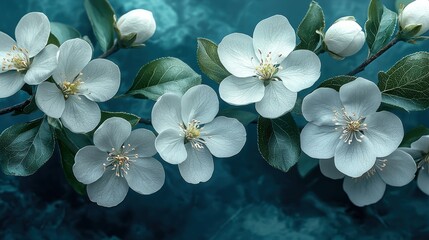 White flowers with green leaves and buds on a teal textured background.