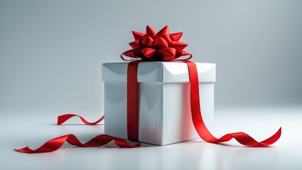 Red ribbon-wrapped gift on white background