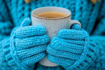 Warm hands hold a cozy mug of tea while bundled in an oversized blue sweater during a chilly winter afternoon