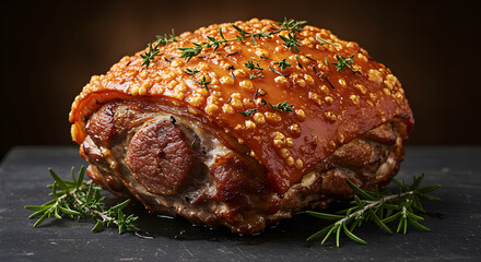 Succulent Roasted Pork Shoulder With Crackling and Fresh Herbs Decoration