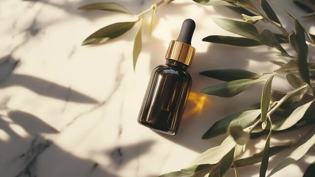 A dark glass dropper bottle with a golden cap rests elegantly on a marble surface, surrounded by fresh olive branches and soft natural shadows, conveying a premium, botanical skincare concept 