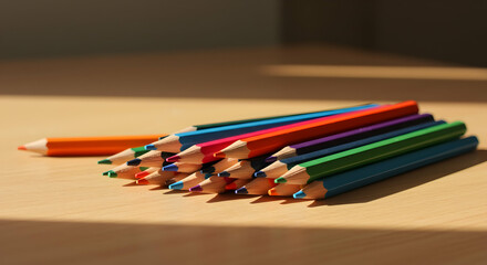 Colorful pencils on wooden table ready for creative expression and artistic endeavors back to school supplies