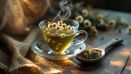Green tea in a glass cup with dried chamomile flowers on a spoon, showcasing summer freshness